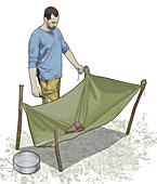 Man catching rainwater in tarpaulin, illustration