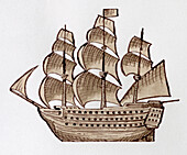 Naval warship with sails up, illustration