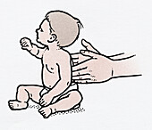 Hands releasing baby sitting and pointing, illustration