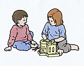Boy and girl playing with toy castle, illustration