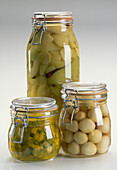 Pickled spiced pears, pickled onions and piccalilli