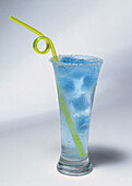 Lemonade in a tall glass, blue ice cubes, curly straw