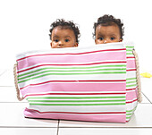 Twin boy and girl sitting in a large canvas bag