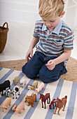 Boy sitting on floor playing with toy animals