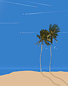 Several planes in blue sky over tropical beach, illustration