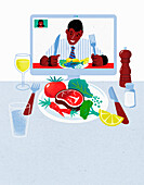 Couple having dinner together online, illustration