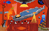 Woman sleeping on cloud in surreal abstract, illustration