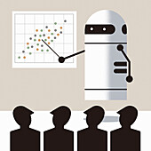 Robot giving presentation to businessmen, illustration