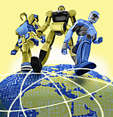 Robots striding across digital globe, illustration