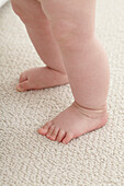 Bare feet and legs of baby boy standing on carpet
