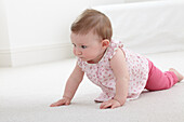 Baby girl crawling on carpet