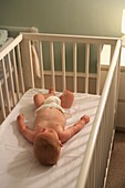 Baby with nappy on lying on his back in cot