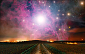 Starry sky over a rural landscape, composite image