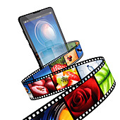 Video streaming on mobile phone, conceptual illustration