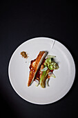 Guinea fowl on dark tomato puree served with bok choy and roasted lettuce