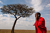 Masai man talking on a mobile phone near an acacia tree