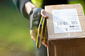 Courier with smartphone delivering package