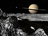 Saturn seen from Rhea, illustration