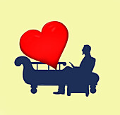 Heart shape on psychiatrist’s couch, illustration