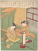 Young man and woman playing Shogi, 18th century illustration