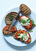 Grilled bread with tomatoes and mozzarella cheese