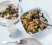 Power salad with beluga lentils, potatoes and salmon