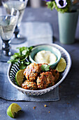 Spiced crab cakes with lemon and lime Aioli