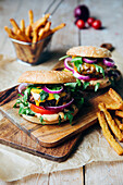 Veggie burger with cheese and homemade fries