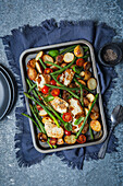 Roasted potatoes, tomatoes, beans, asparagus and basil
