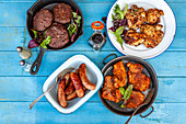 Grilled burgers, chicken, pork and sausages