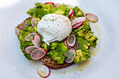 Toast with avocado, poached egg and radishes