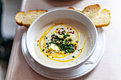 Cauliflower soup with chilli oil and coriander