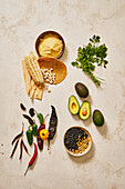 Five Mexican ingredients – sweetcorn, chillis, beans, coriander, avocados