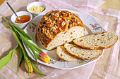 Easter bread with butter and jam