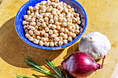 Dried chickpeas, garlic, red onion and rosemary