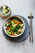 Steamed Vegetable bowl with oyster sauce and rice noodles