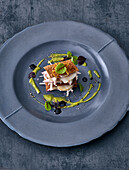 Scallop mille-feuille with apple-radish yoghurt and liquorice