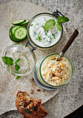 Cucumber mint dip and curry apricot dip