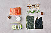 Ingredients for Mosaic Salmon Rolls with Apple slaw and cilantro Oil