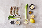 Ingredients for fried king prawns with leek and mayonnaise