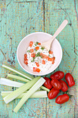 Celery sticks and tomatoes with cottage cheese (Intermittent Fasting)