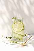 Aromatisiertes Wasser mit Limette, Gurke und Thymian