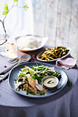 Pull-apart chicken with green curry and lime leaf dressing
