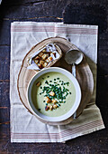Potato and leek soup with croutons