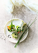 Summer rolls with vegetables, salad and prawns