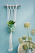 Do it yourself, Makramee attachment, ivy, braided tray, leek blossom