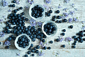 Directly above shot of blueberries in cupcake holders with flowers on wooden table