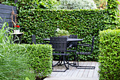 Black furniture on the terrace, surrounded by beech and privet hedges of varying heights