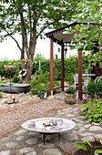 Bird bath, garden pavilion in the background