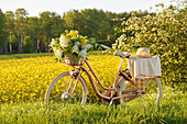 Bicycle with a bouquet of lilacs in basket in a rape field